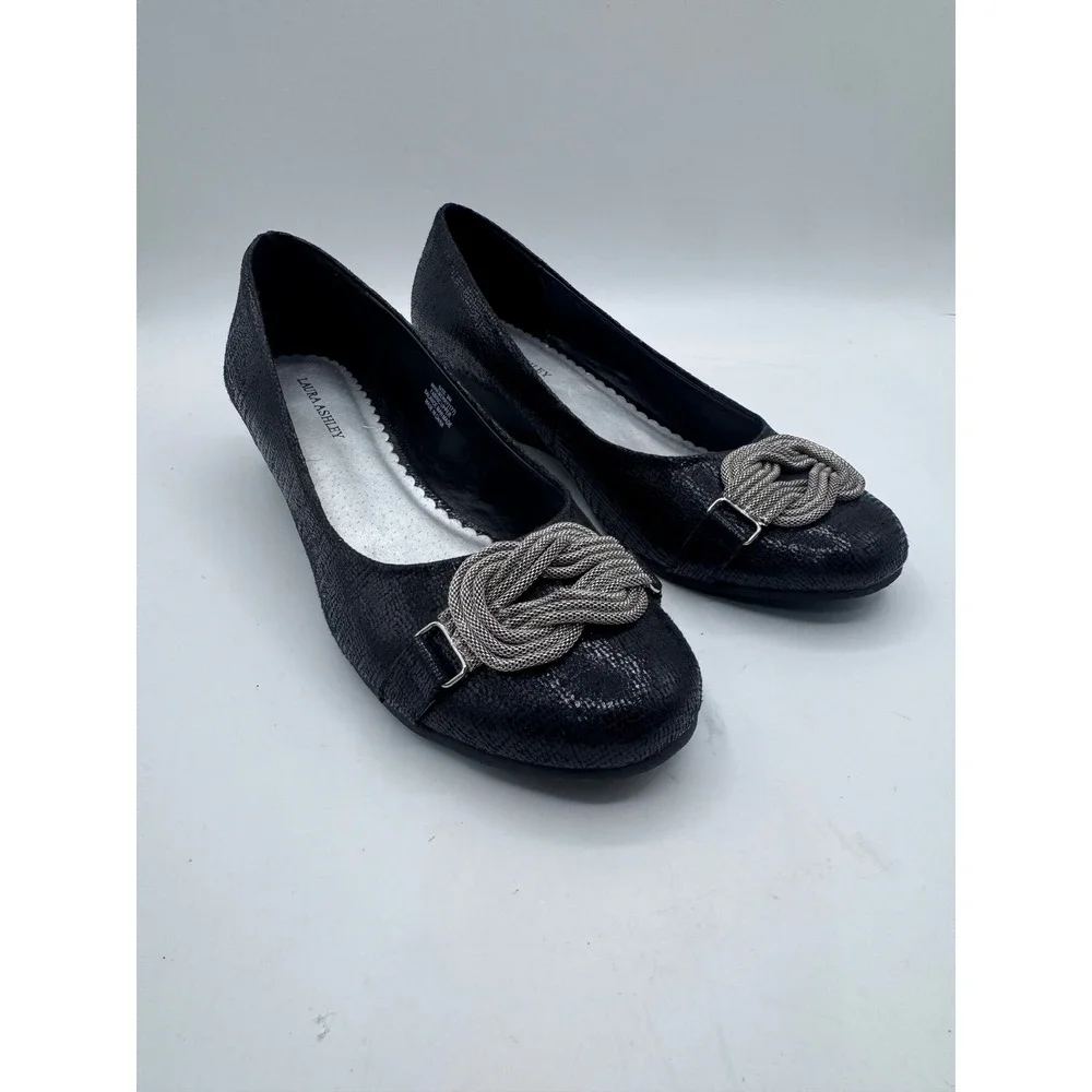 Laura Ashley 8M Black‎ Wedge Heels Women's Snake Print Knot Detail